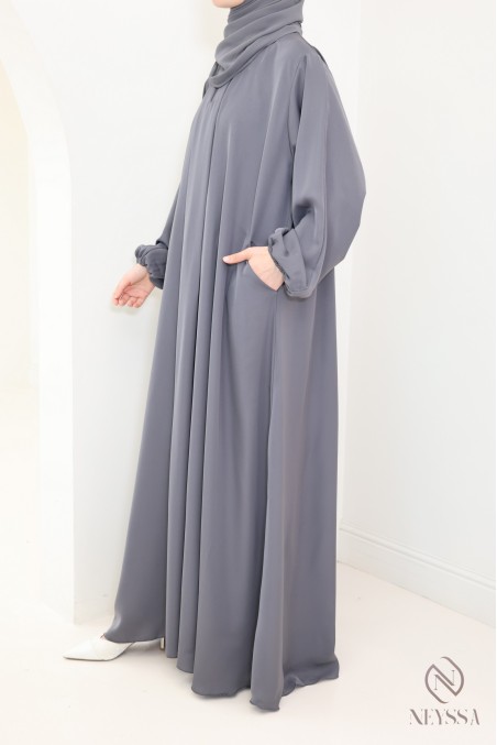 Grey Dubai abaya with umbrella cut for modern veiled women
