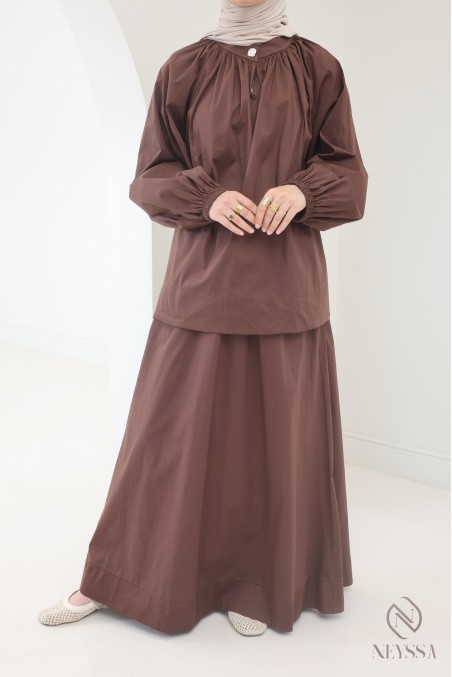 2-teiliges Set aus brauner Baumwolle, langer Rock + Hijabi-Bluse