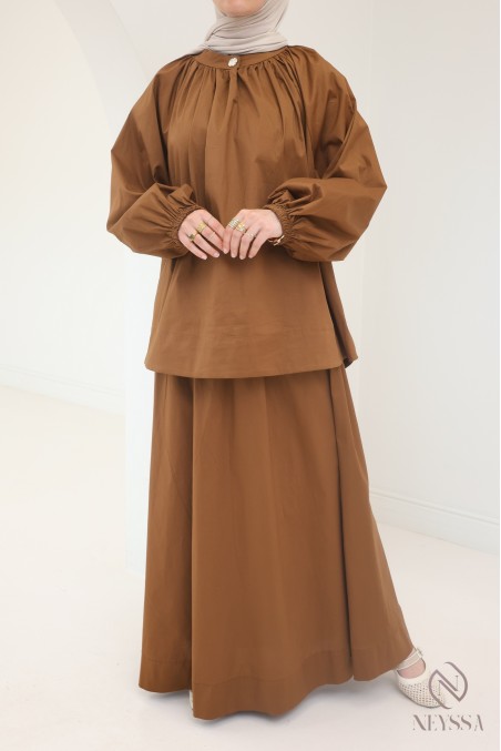 2-teiliges Set aus brauner Baumwolle, langer Rock + Hijabi-Bluse