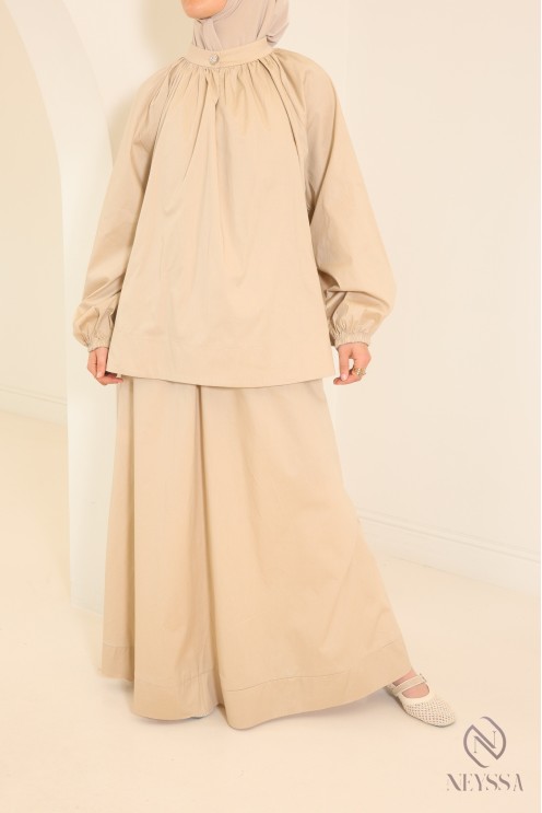 2-teiliges Set aus brauner Baumwolle, langer Rock + Hijabi-Bluse