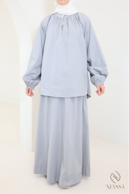 2-teiliges Set aus brauner Baumwolle, langer Rock + Hijabi-Bluse