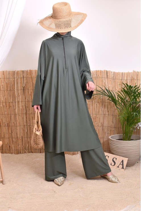 Large size 1m80 khaki burkini, tunic, pants, and integrated hood