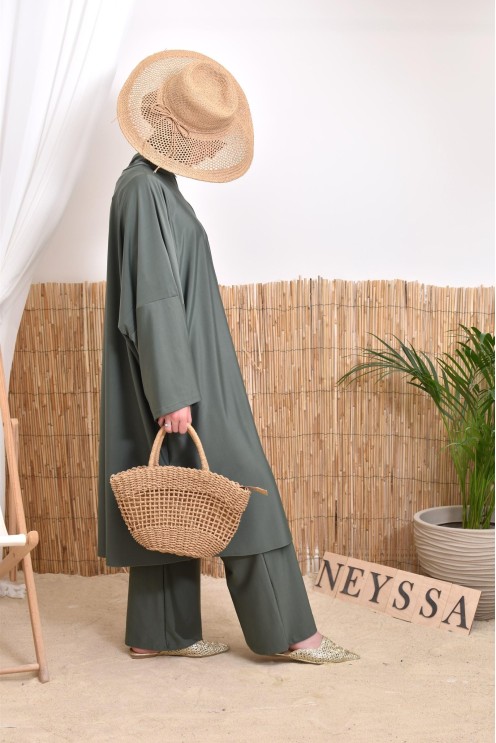 Burkini in Übergröße 1,80 m, khaki, Tunika mit Reißverschluss