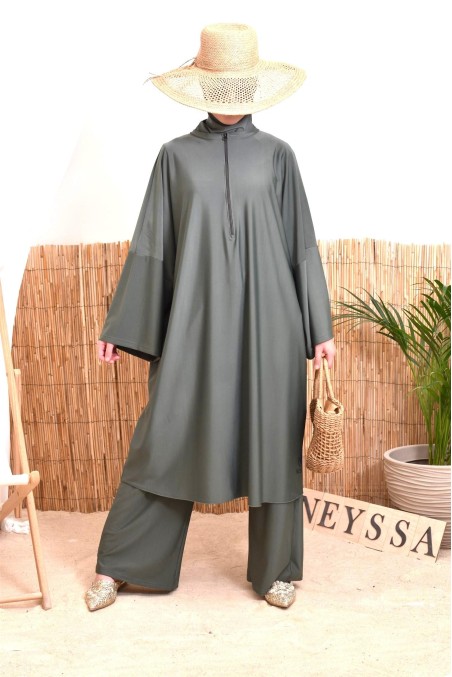 Burkini in Übergröße 1,80 m, khaki, Tunika mit Reißverschluss