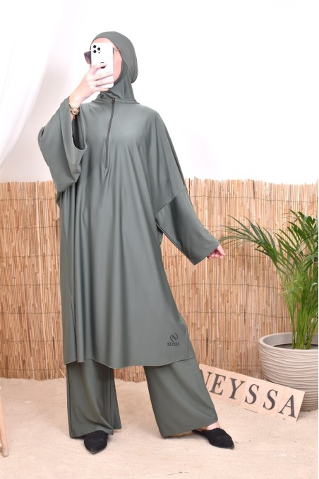 Large size 1m80 khaki burkini, tunic, pants, and integrated hood