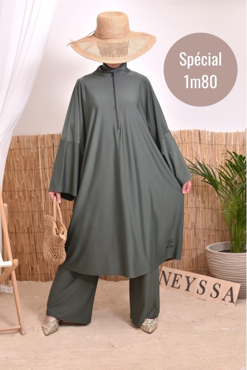 Burkini grande taille 1m80 kaki, tunique, pantalon et cagoulé intégrée