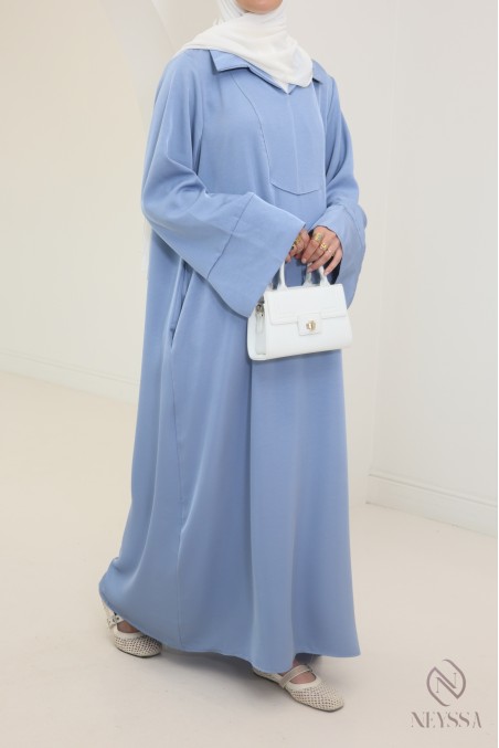 Long abaya for hijabi women, flowing fabric, shirt collar with pockets