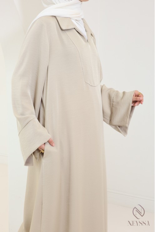 Long abaya for hijabi women, flowing fabric, shirt collar with pockets