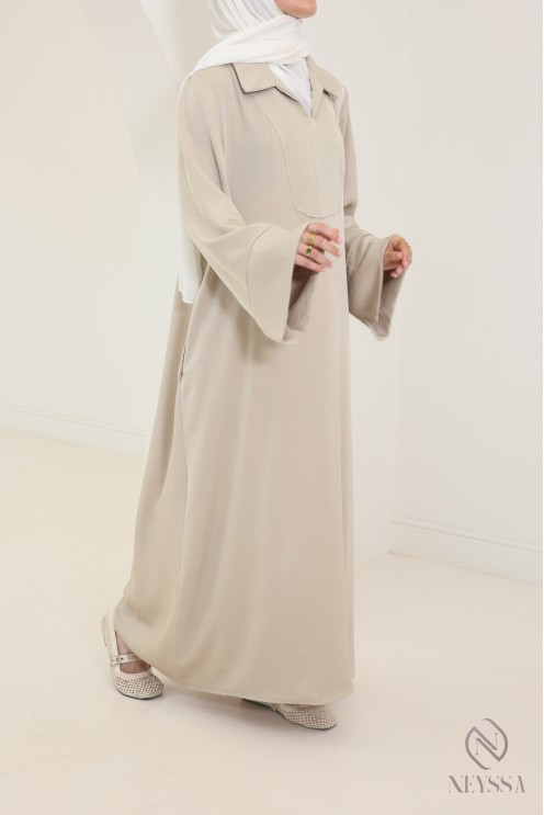 Long abaya for hijabi women, flowing fabric, shirt collar with pockets