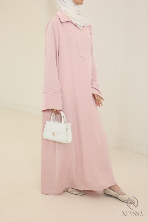 Long abaya for hijabi women, flowing fabric, shirt collar with pockets