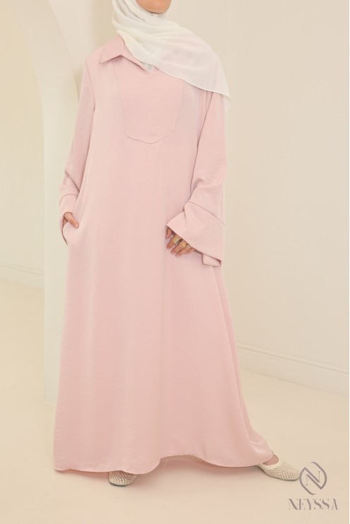 Abaya longue femme hijabi tissu fluide col chemise avec poches