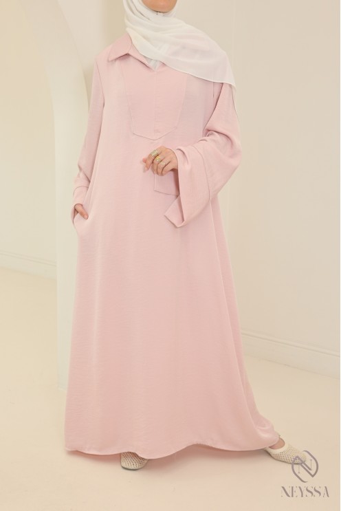 Lange, fließende Abaya für Hijabi-Frauen mit Hemdkragen und Taschen