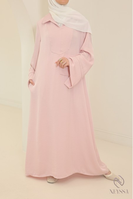 Long abaya for hijabi women, flowing fabric, shirt collar with pockets