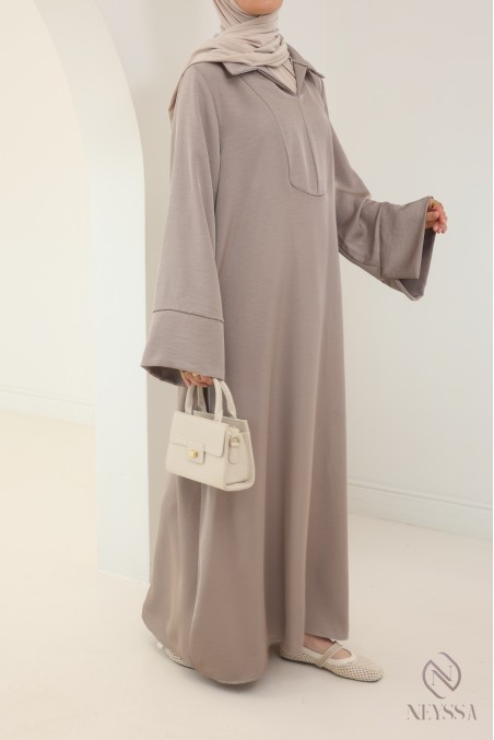Abaya longue femme hijabi tissu fluide col chemise avec poches