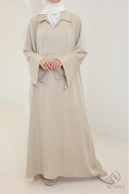 Long abaya for hijabi women, flowing fabric, shirt collar with pockets