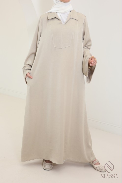 Lange, fließende Abaya für Hijabi-Frauen mit Hemdkragen und Taschen