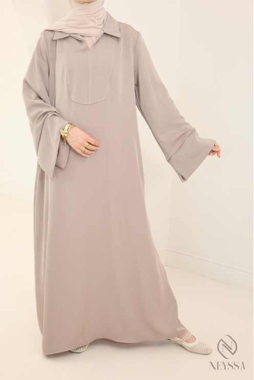 Abaya longue femme hijabi tissu fluide col chemise avec poches