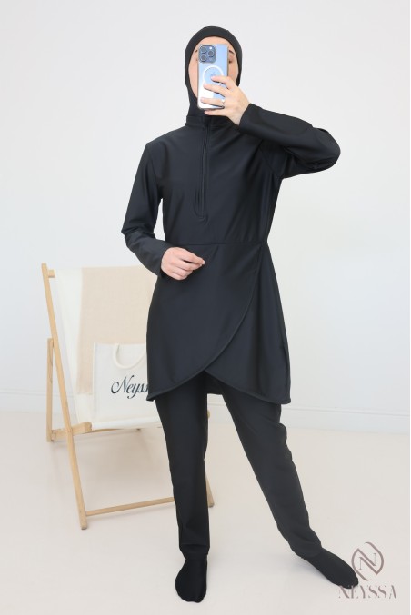 Burkini long croisée noir avec paréo pour femme hijabi tendance
