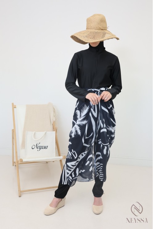 Long black crossover burkini with sarong for trendy hijabi women
