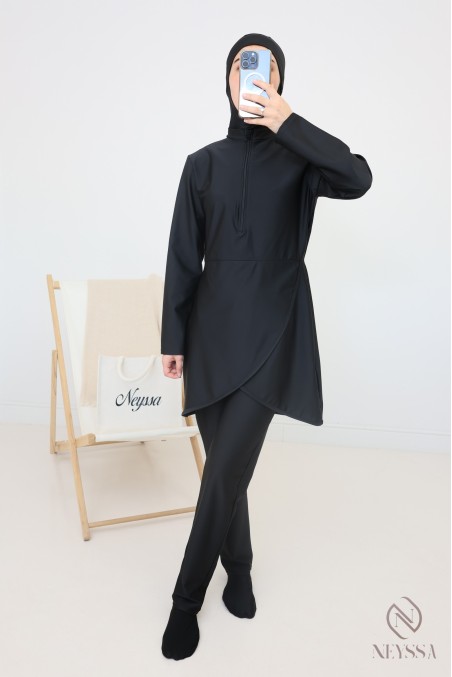 Long black crossover burkini with sarong for trendy hijabi women