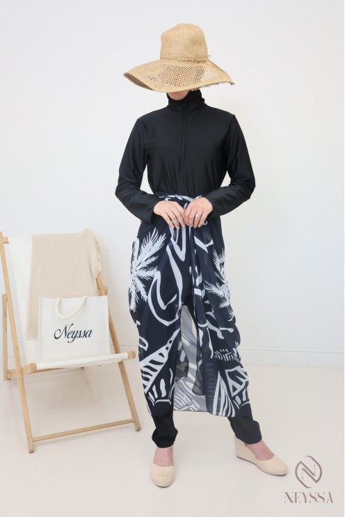 Burkini long croisée noir avec paréo pour femme hijabi tendance