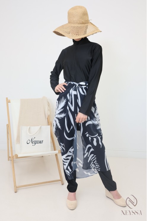 Burkini long croisée noir avec paréo pour femme hijabi tendance
