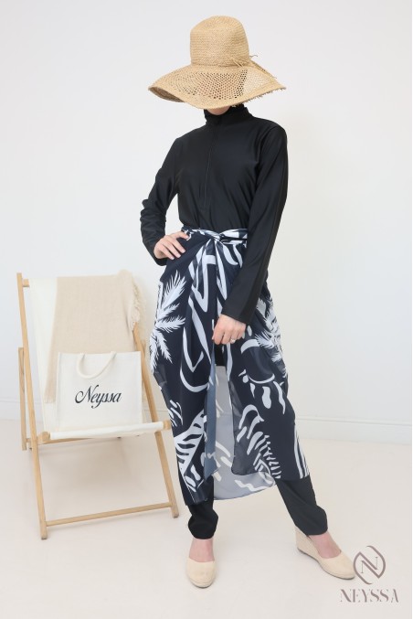 Burkini long croisée noir avec paréo pour femme hijabi tendance
