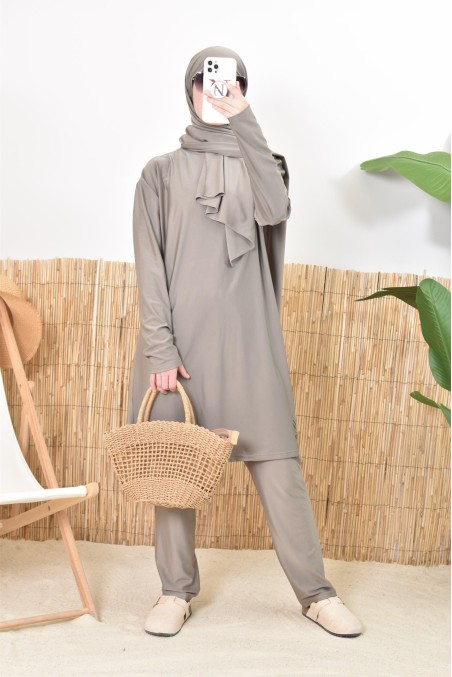 Burkini long taupe pour femmes voilées, 100% mastour et ne colle pas