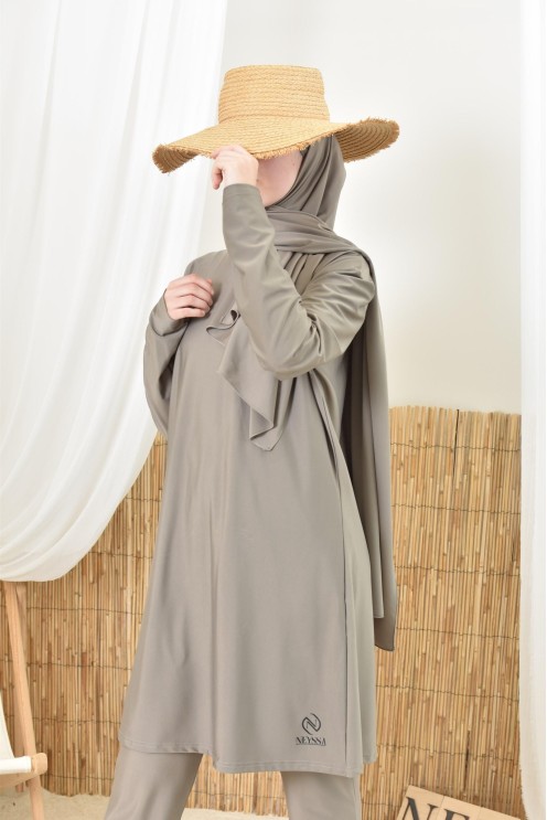 Burkini long taupe pour femmes voilées, 100% mastour et ne colle pas
