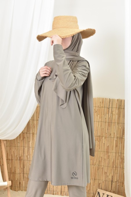 Burkini long taupe pour femmes voilées, 100% mastour et ne colle pas