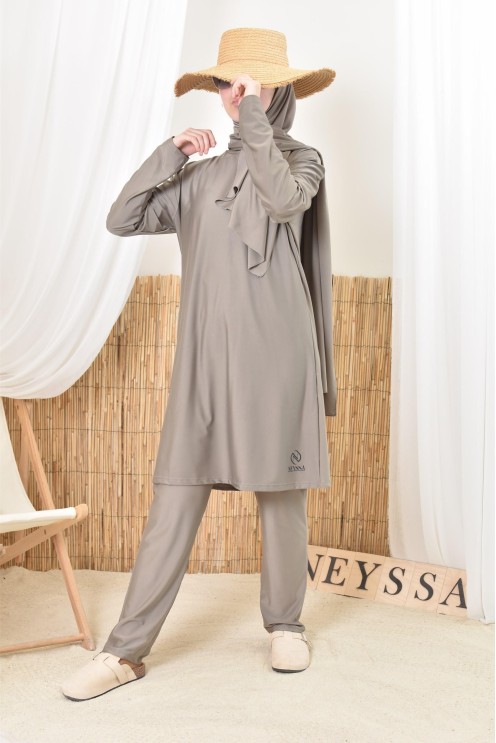 Burkini long taupe pour femmes voilées, 100% mastour et ne colle pas