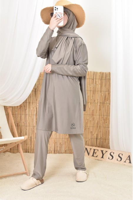 Burkini long taupe pour femmes voilées, 100% mastour et ne colle pas
