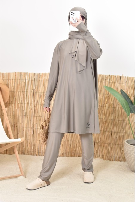 Burkini long taupe pour femmes voilées, 100% mastour et ne colle pas
