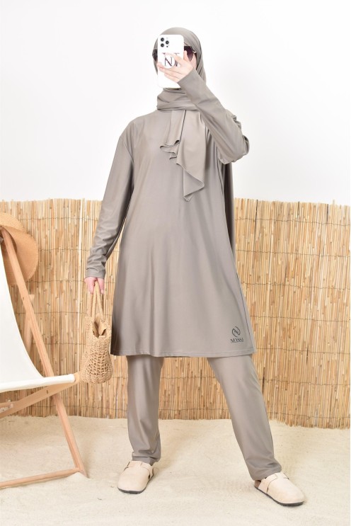 Burkini long taupe pour femmes voilées, 100% mastour et ne colle pas