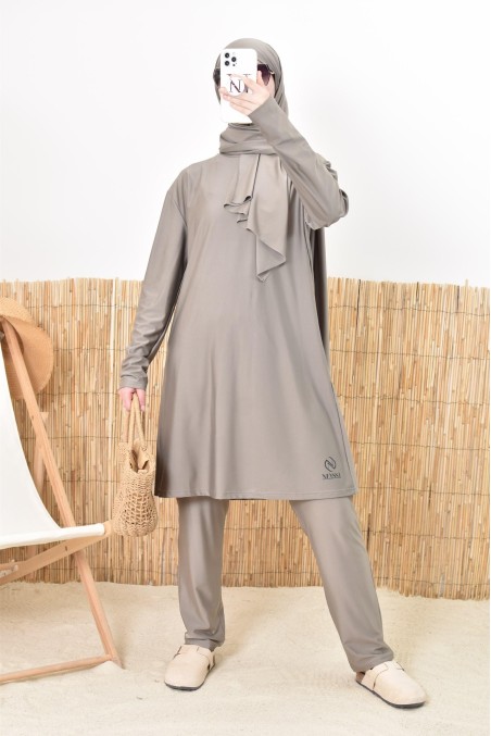 Burkini long taupe pour femmes voilées, 100% mastour et ne colle pas