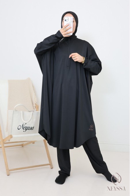 Black swim burkini with integrated hood, zipped tunic with butterfly cut