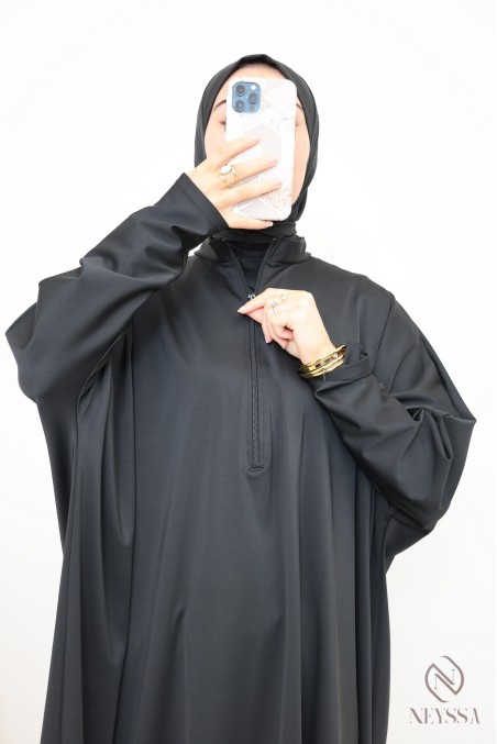 Burkini de bain noir cagoule intégrée, tunique zippée coupe papillon
