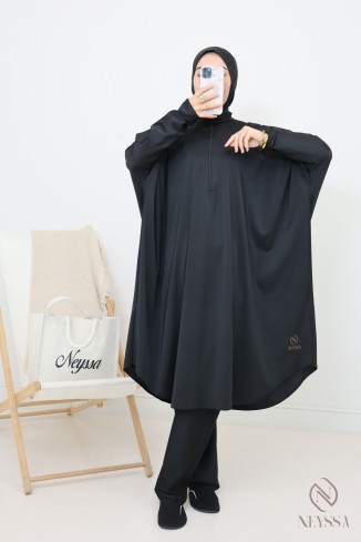 Burkini de bain noir cagoule intégrée, tunique zippée coupe papillon