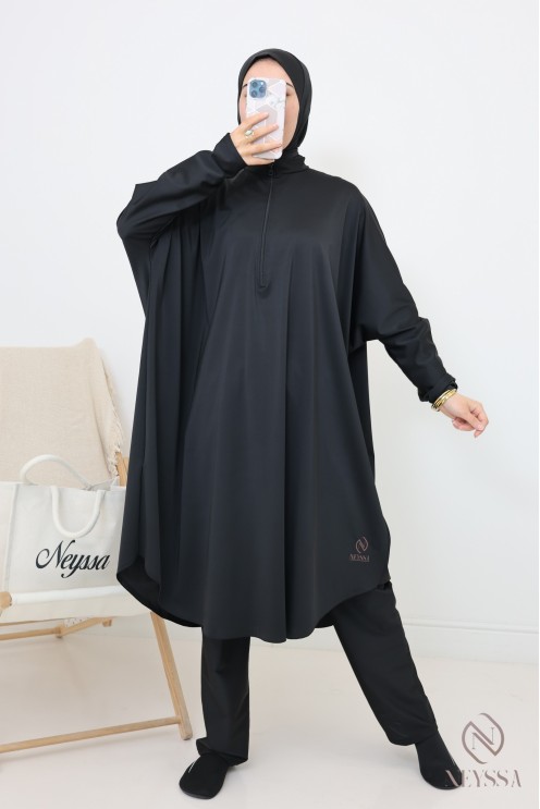 Black swim burkini with integrated hood, zipped tunic with butterfly cut
