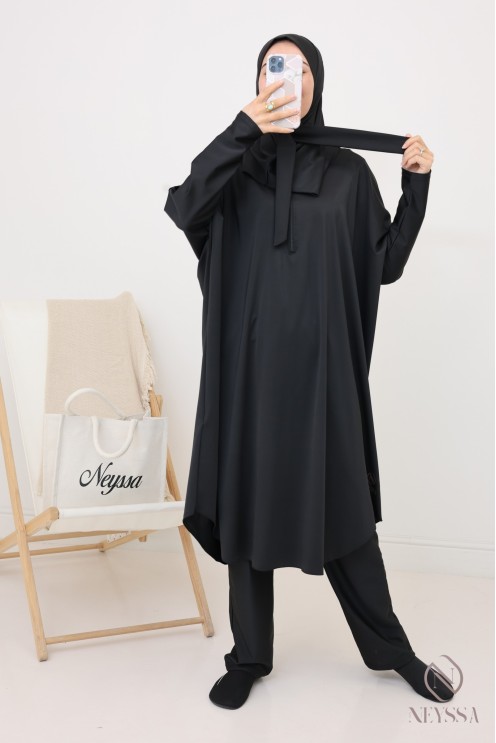 Black swim burkini with integrated hood, zipped tunic with butterfly cut