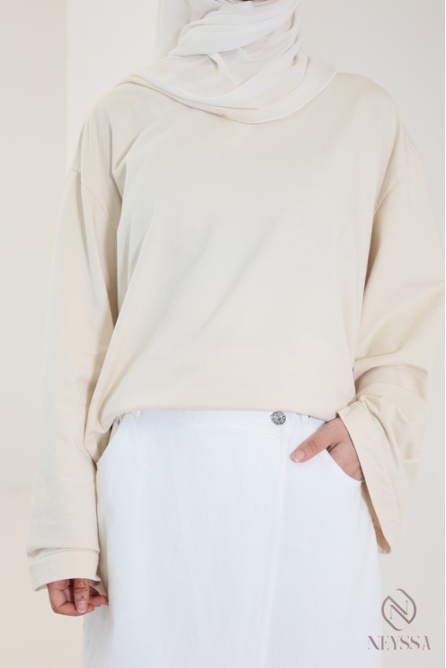Long white raw denim skirt without slits in cotton for veiled women