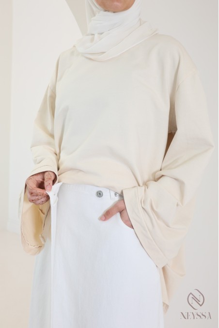 Long white raw denim skirt without slits in cotton for veiled women