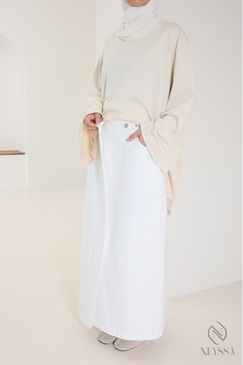 Long white raw denim skirt without slits in cotton for veiled women
