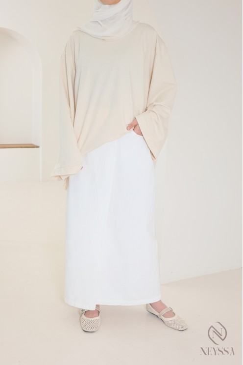 Long white raw denim skirt without slits in cotton for veiled women