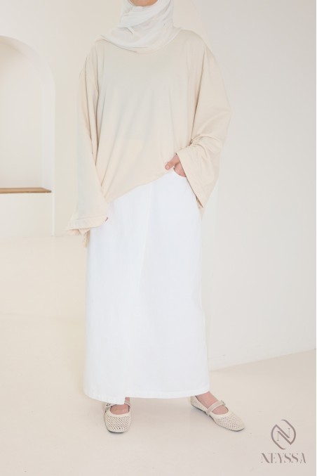 Long white raw denim skirt without slits in cotton for veiled women