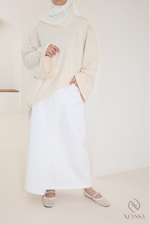 Long white raw denim skirt without slits in cotton for veiled women