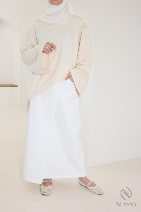 Jupe blanche longue jean brut sans fentes en coton femme voilée