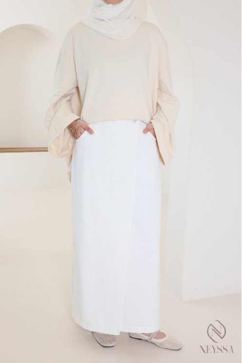 Long white raw denim skirt without slits in cotton for veiled women