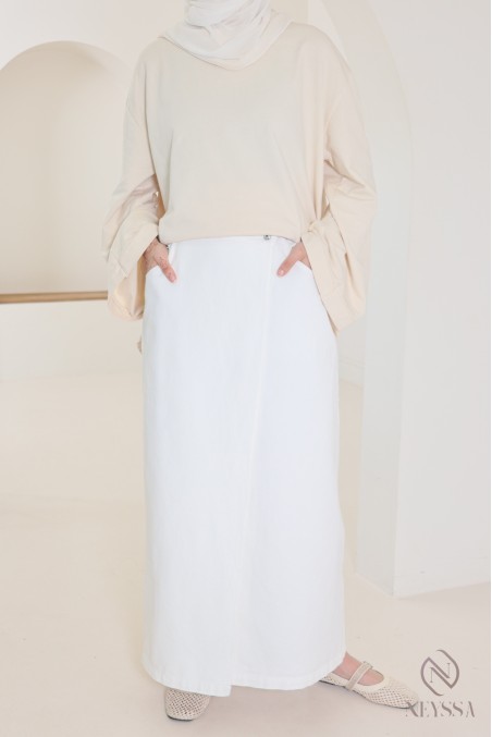 Long white raw denim skirt without slits in cotton for veiled women