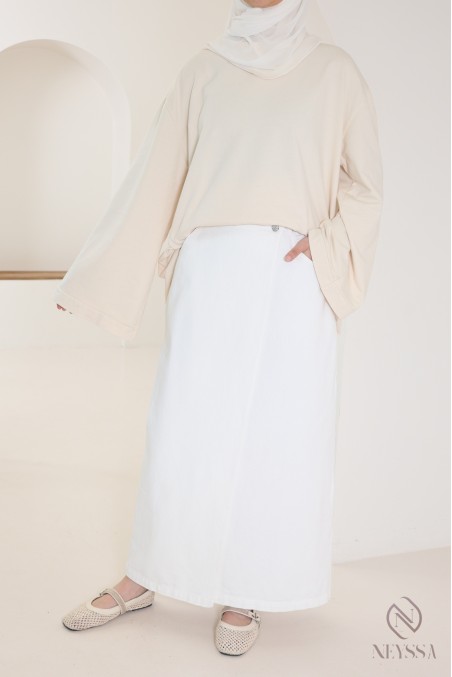 Jupe blanche longue jean brut sans fentes en coton femme voilée
